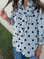 Striped Polka Dot Ruffle Mock Neck Shirt (S-XL)