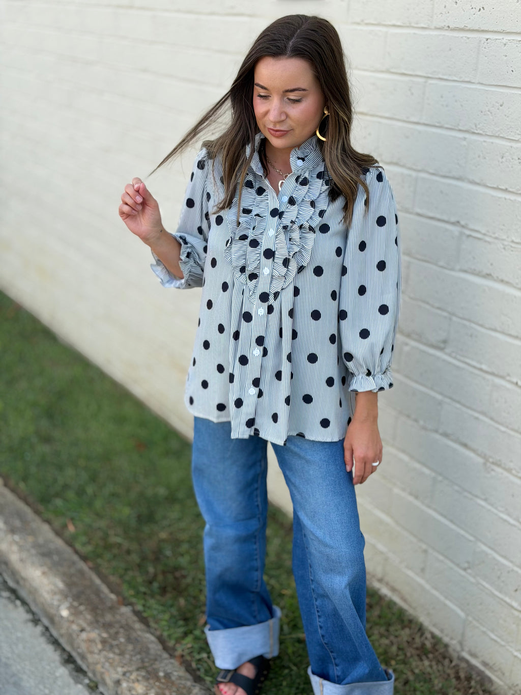 Striped Polka Dot Ruffle Mock Neck Shirt (S-XL)