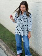 Striped Polka Dot Ruffle Mock Neck Shirt (S-XL)