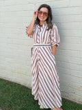 Stripe collared V-neck short puff sleeve midi dress