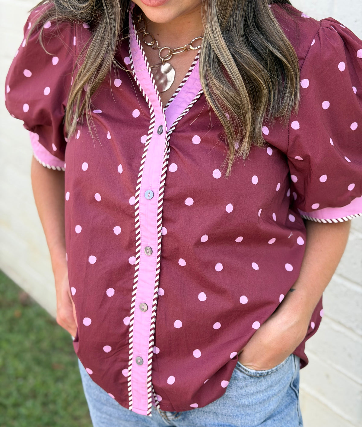 Polka Dot Short Puff Sleeve Top