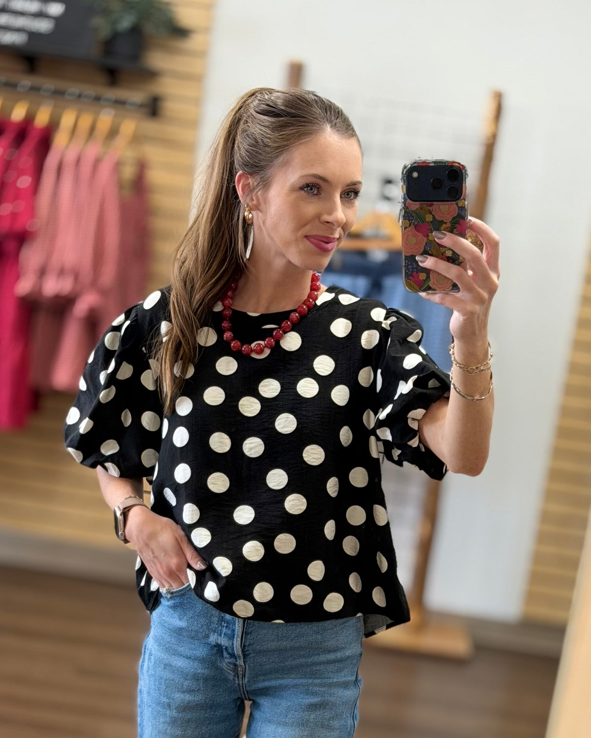 Classic Polka Dot Puff Sleeve Woven Blouse