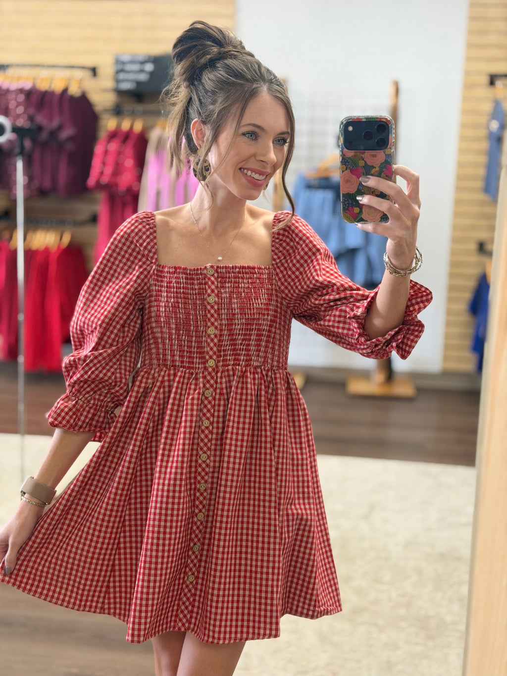 Red Gingham Plaid Smocked Dress With 3/4 Puff Sleeves