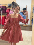 Red Gingham Plaid Smocked Dress With 3/4 Puff Sleeves