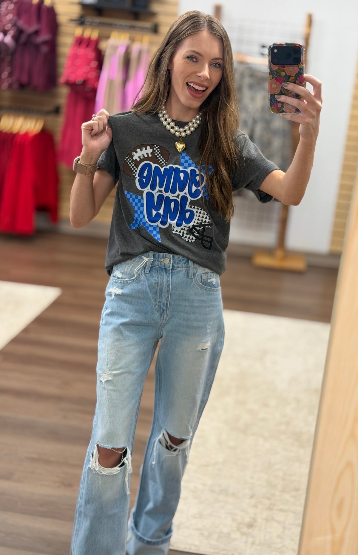 GAME DAY BLUE CHECKERED STARS TEE