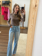 GARMENT DYE RIBBED CREWNECK LONGSLEEVE BASIC TOP