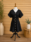 Solid short wide sleeve mini dress w/ gold buttons