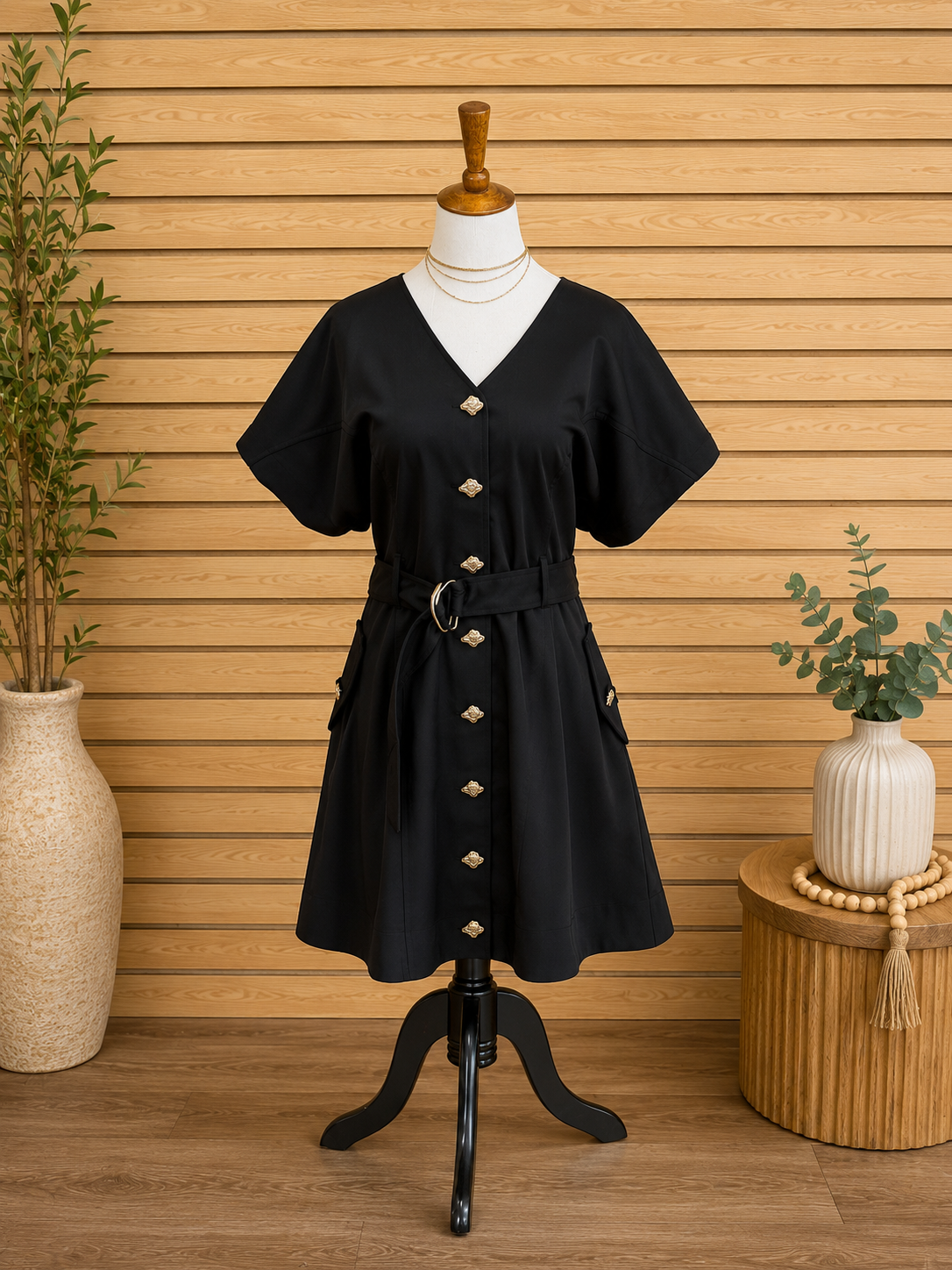 Solid short wide sleeve mini dress w/ gold buttons