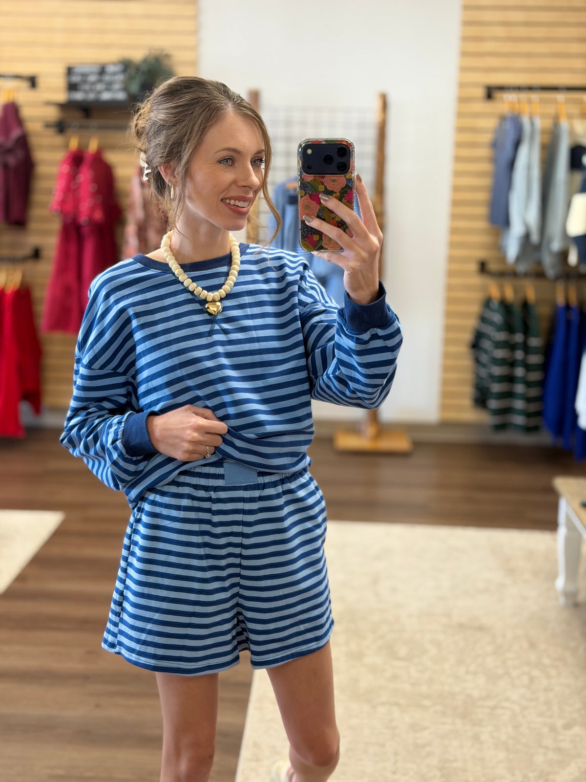 Drop Shoulder Pullover Elastic Waist Striped Short Set
