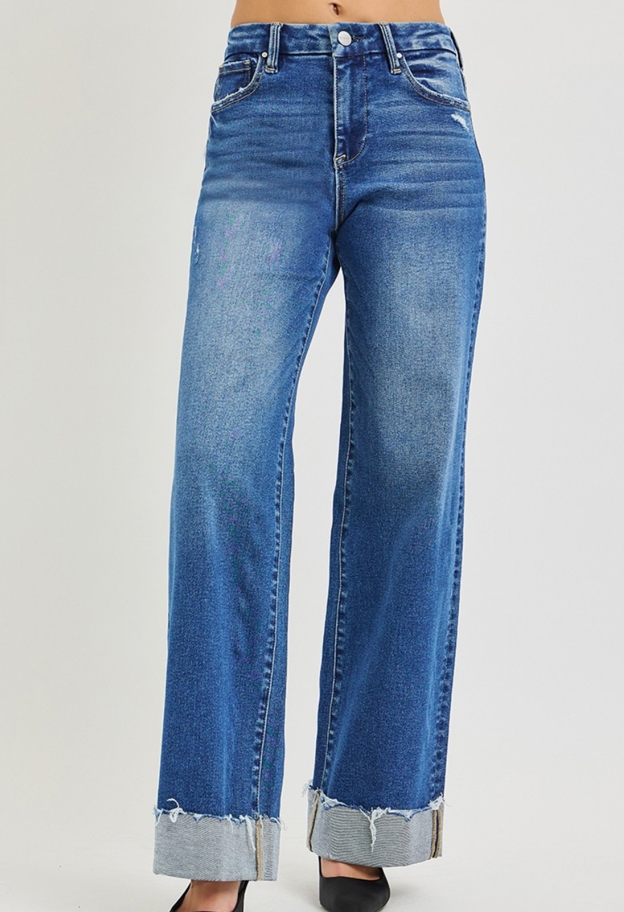 High Rise Wide Leg Jeans With Cuffed Hem