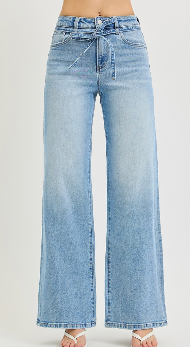 High Rise Wide Jeans With Waist String Details