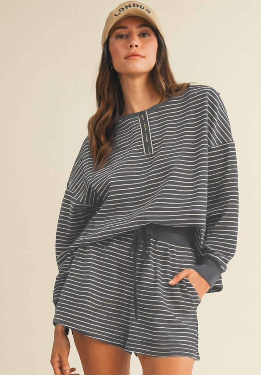 Charcoal Soft Brushed Pin Stripe Knit Pullover & Shorts