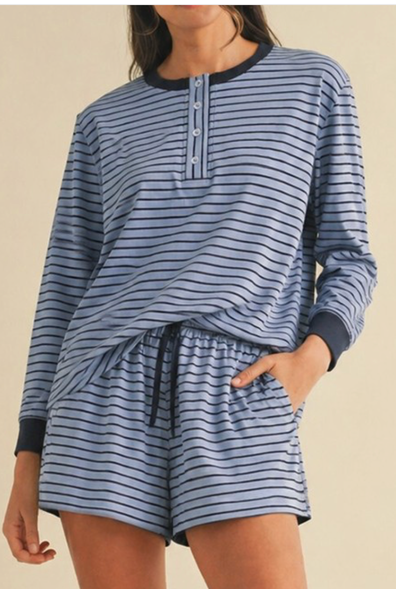 Dust Blue Soft Brushed Pin Stripe Knit Pullover & Shorts