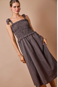 Plaid Smocked Bodice Midi Dress W/a-line Skirt &shoulder Tie