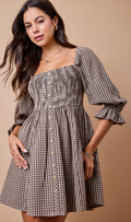 Brown Gingham Plaid Smocked Dress With 3/4 Puff Sleeves
