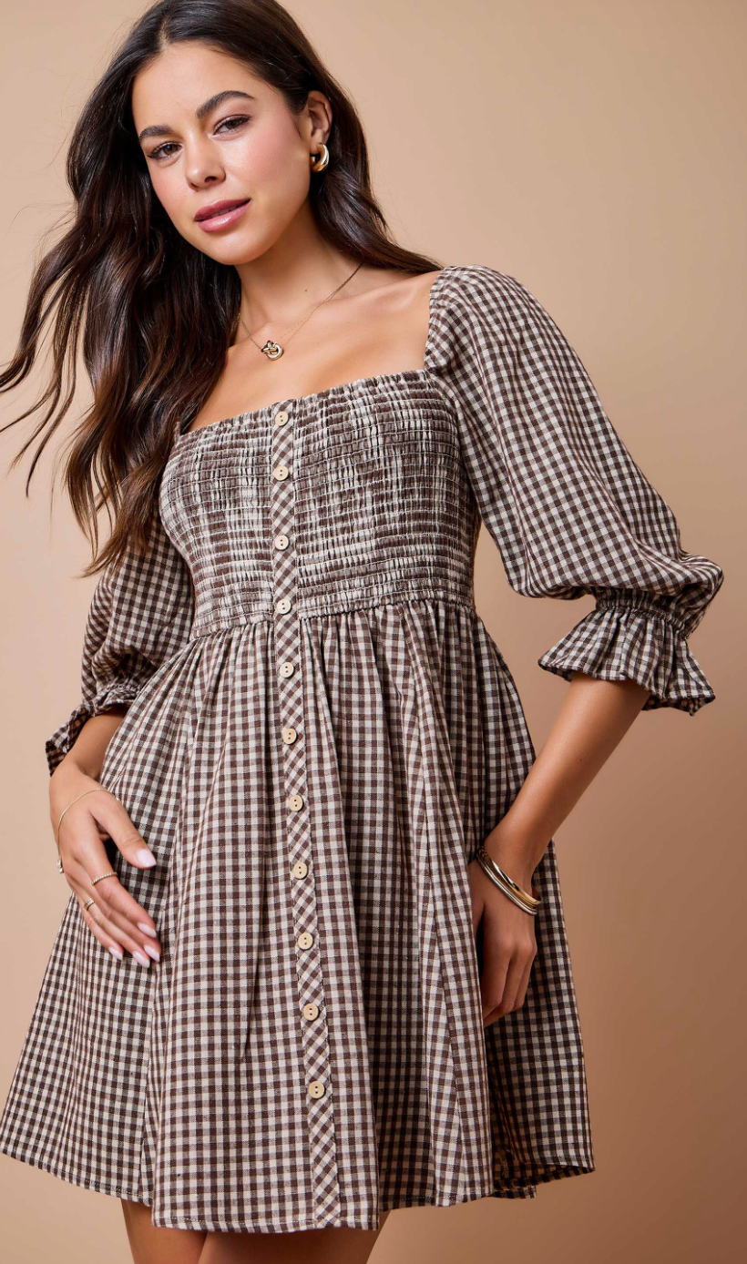 Brown Gingham Plaid Smocked Dress With 3/4 Puff Sleeves
