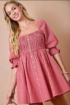 Red Gingham Plaid Smocked Dress With 3/4 Puff Sleeves