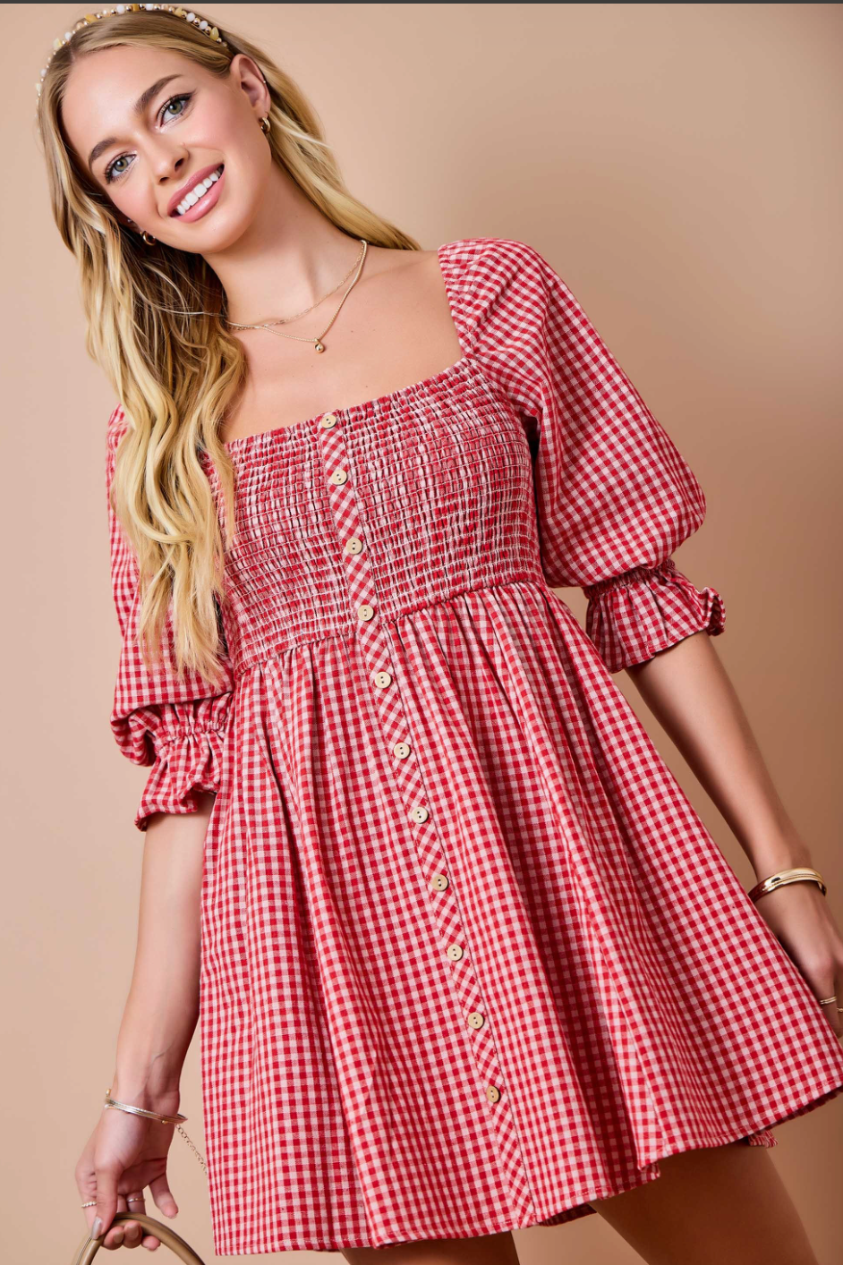 Red Gingham Plaid Smocked Dress With 3/4 Puff Sleeves