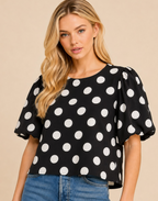 Classic Polka Dot Puff Sleeve Woven Blouse