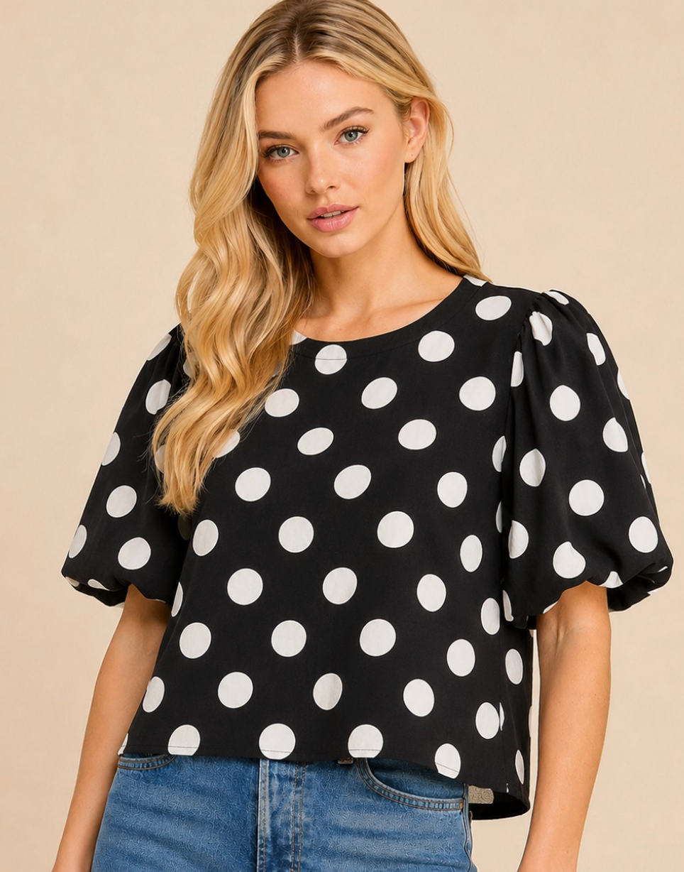 Classic Polka Dot Puff Sleeve Woven Blouse