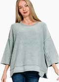 Dusty Blue Washed 3/4 Sleeve Boxy Sweater