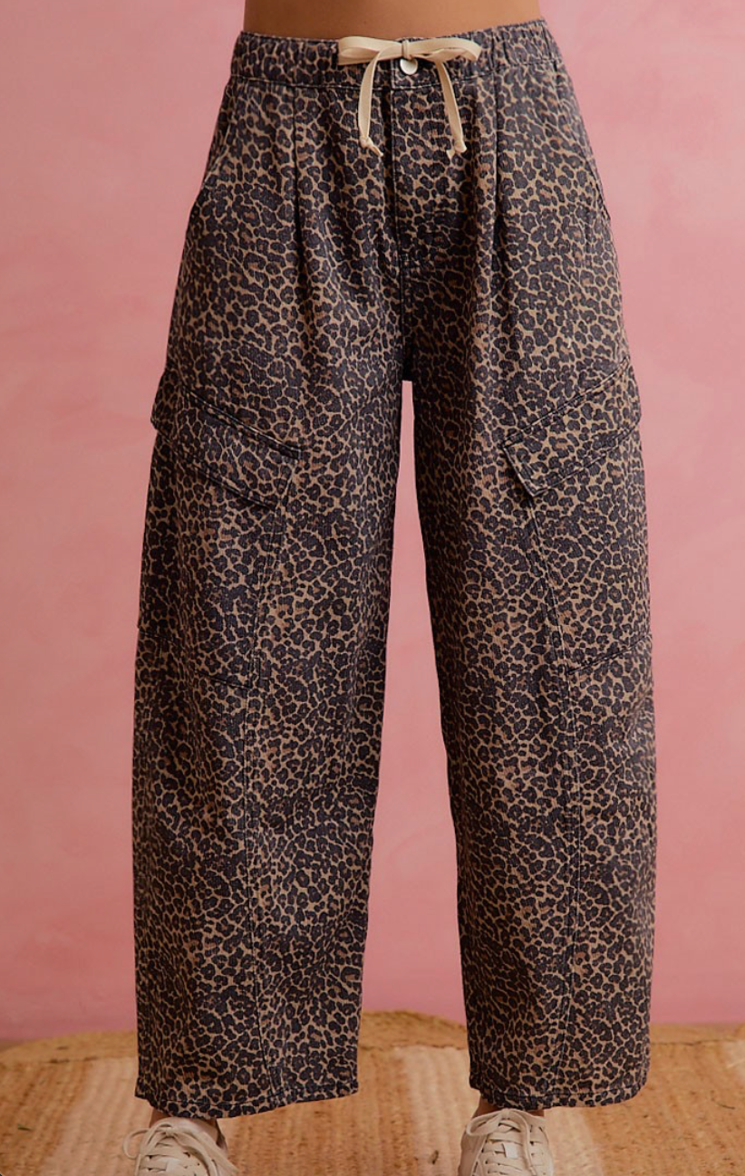 Leopard Barrel Pants with Cargo Pocket