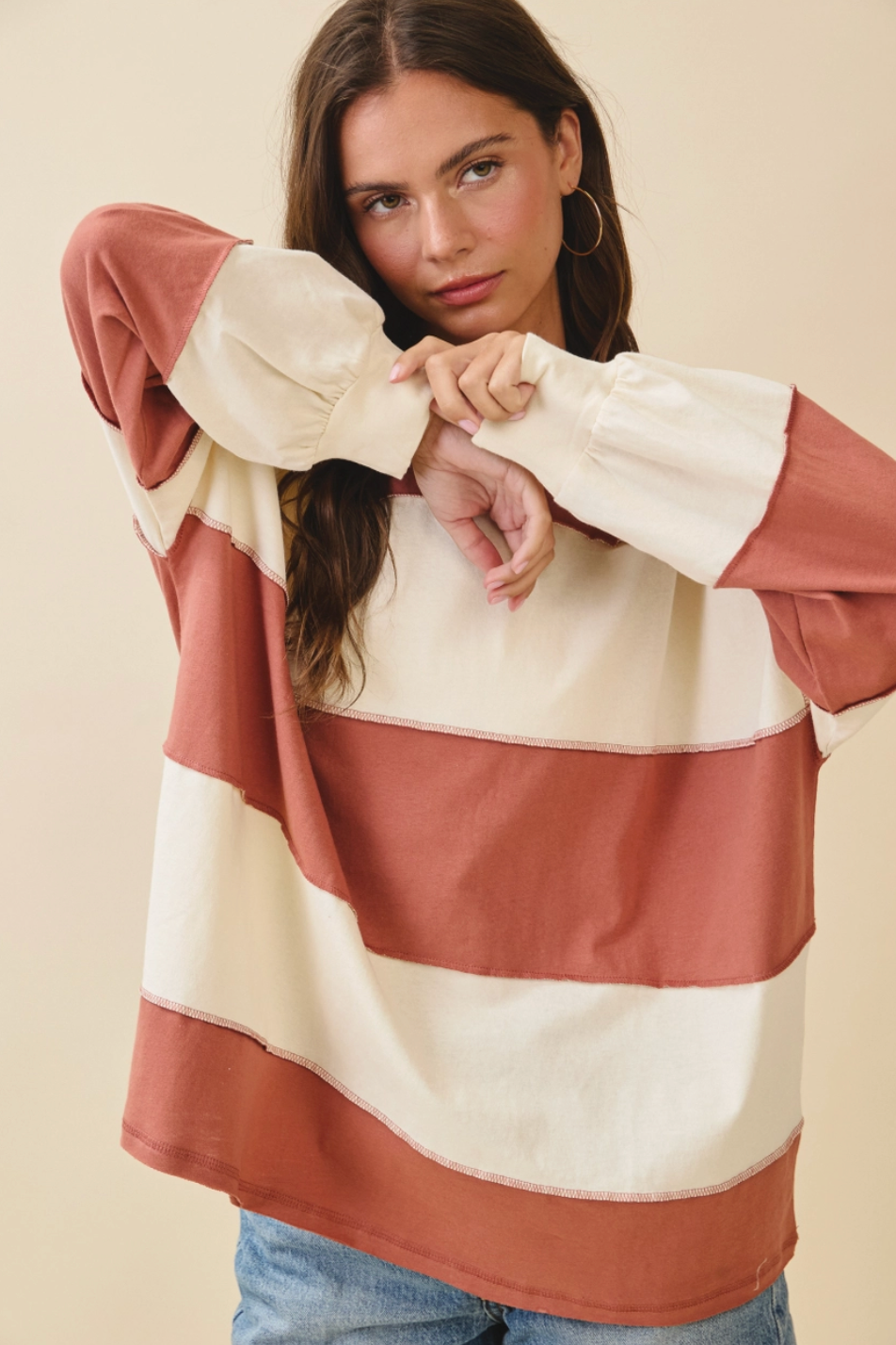 Oversized Color Block Long Sleeve Pullover