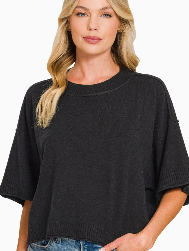 Black Mock Neck Short Sleeve Boxy Sweater