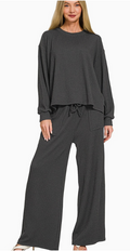 Charcoal Raised Rib Round Neck Pullover & Pants Set