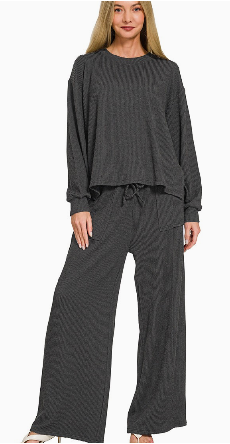 Charcoal Raised Rib Round Neck Pullover & Pants Set