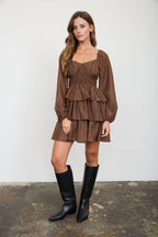 SMOCKED BISHOP SLEEVE TIERED MINI DRESS