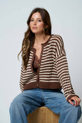 TEXTURED STRIPE CROCHET KNIT BUTTON DOWN CARDIGAN
