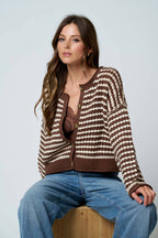 TEXTURED STRIPE CROCHET KNIT BUTTON DOWN CARDIGAN