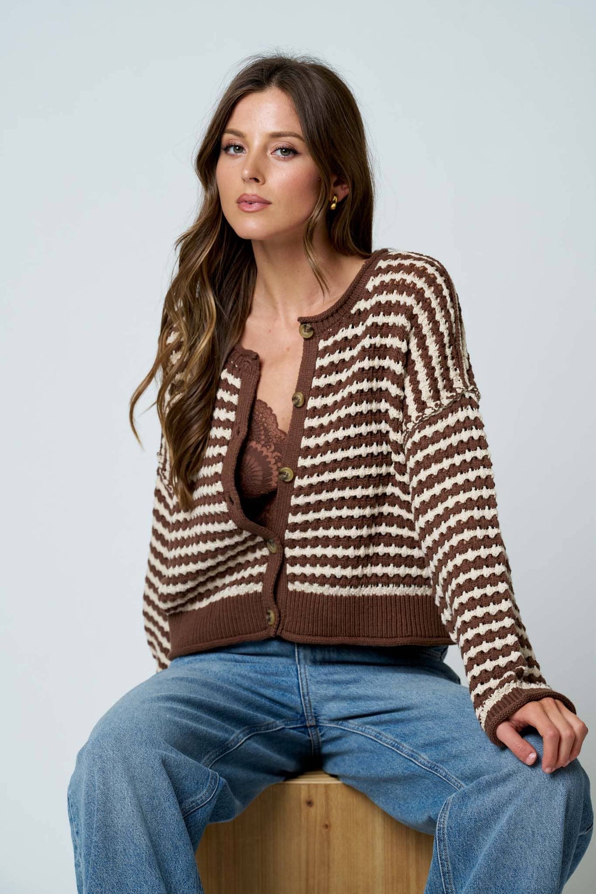 TEXTURED STRIPE CROCHET KNIT BUTTON DOWN CARDIGAN