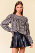 Round Neck Puff Long Sleeve Plaid Blouse - 44650T