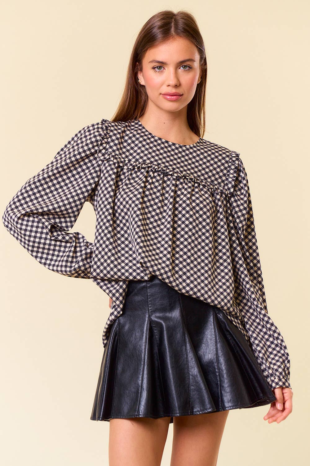 Round Neck Puff Long Sleeve Plaid Blouse - 44650T