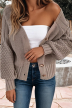 Mixed Texture Knit Button V Neck Sweater Cardigan (S-XL)