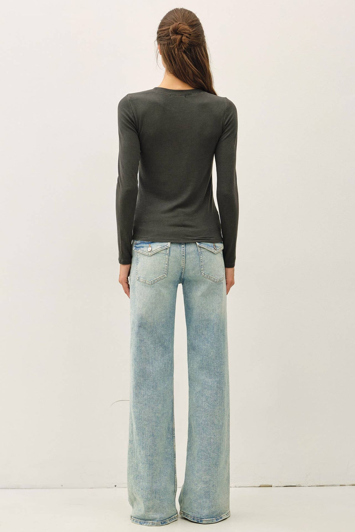 GARMENT DYE RIBBED CREWNECK LONGSLEEVE BASIC TOP
