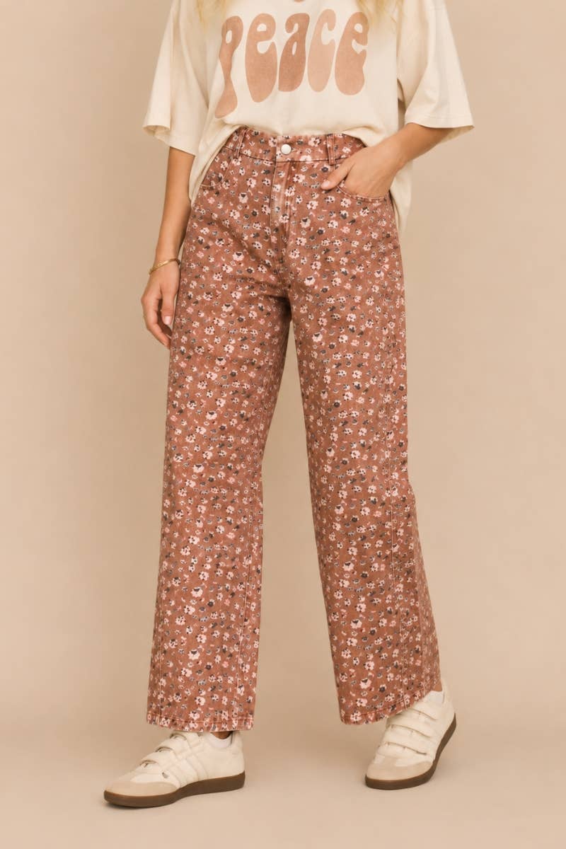 DENIM FLORAL PRINT BARREL FIT JEANS