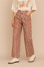 DENIM FLORAL PRINT BARREL FIT JEANS