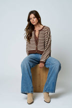 TEXTURED STRIPE CROCHET KNIT BUTTON DOWN CARDIGAN