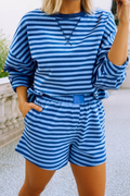 Drop Shoulder Pullover Elastic Waist Striped Short Set