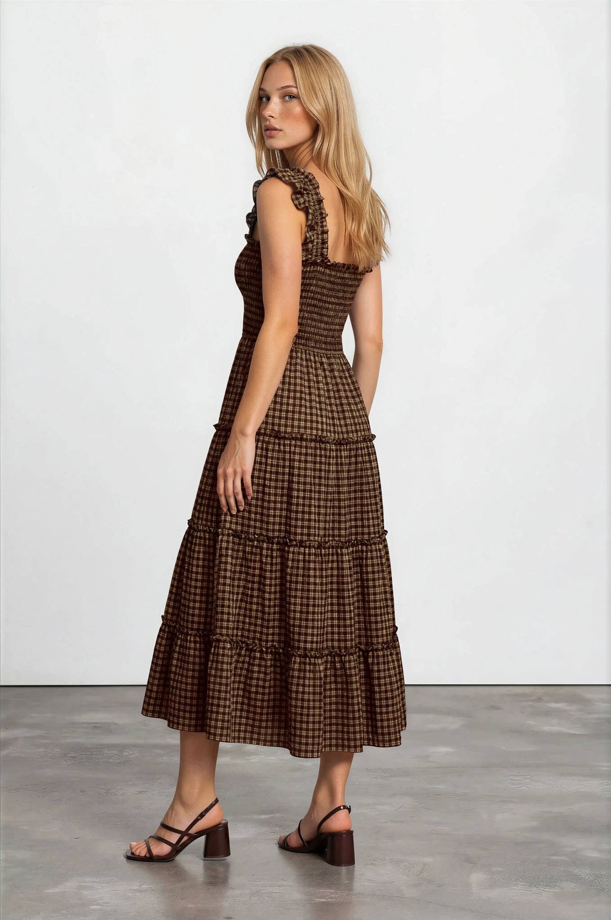 PLAID SMOCKED MIDI DRESS WITH RUFFLE SLEEVE DETAIL
