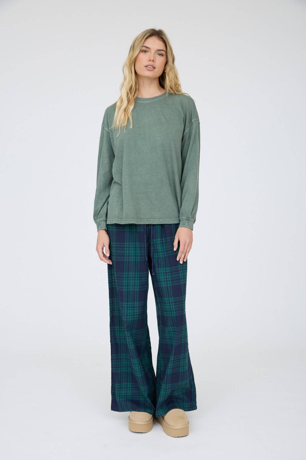 Dusty Green Washed Crew Neck Long Sleeve Knit Top