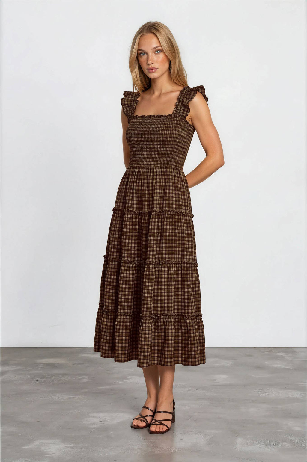 PLAID SMOCKED MIDI DRESS WITH RUFFLE SLEEVE DETAIL
