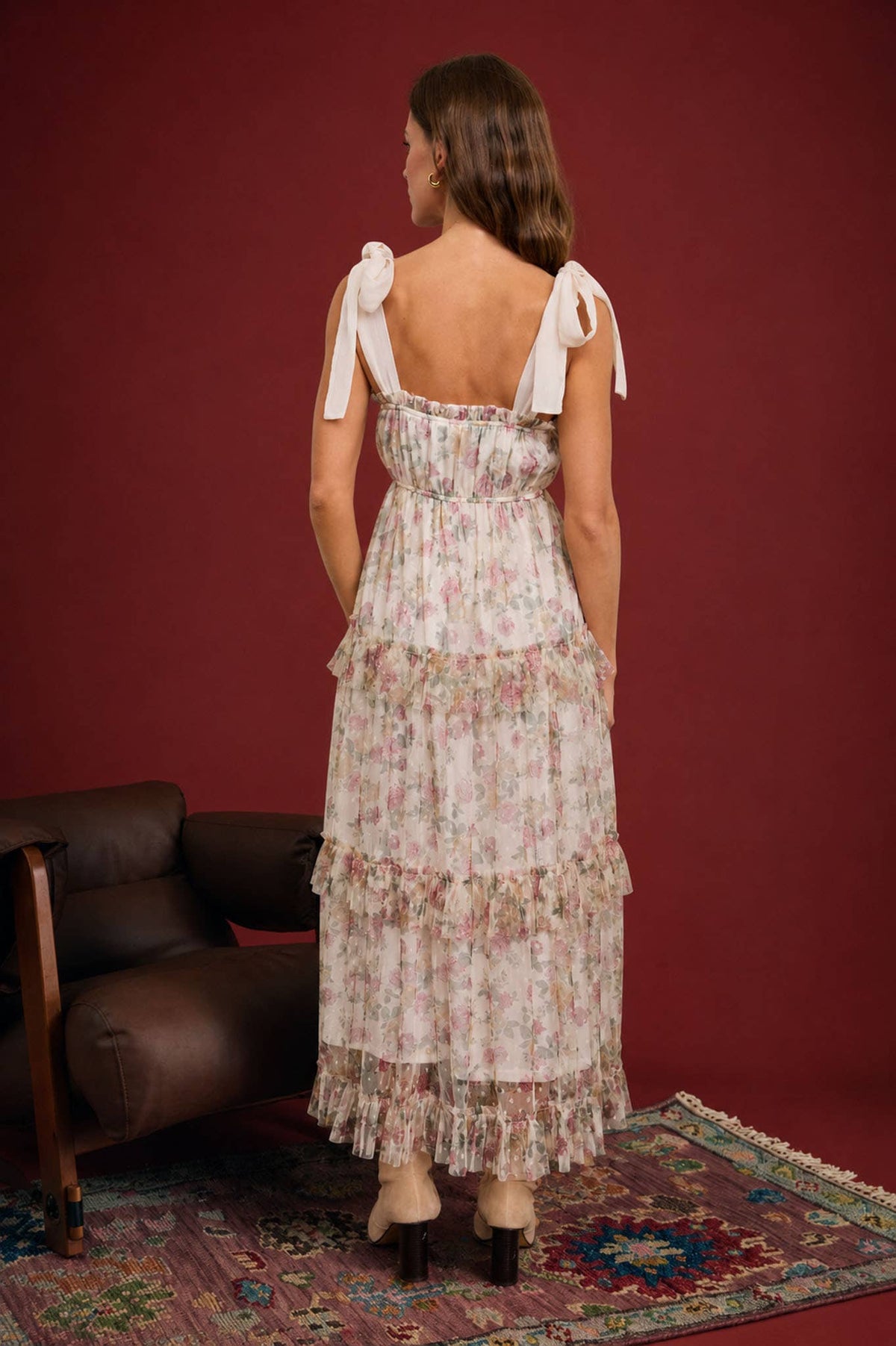 FLORAL CHIFFON TIE STRAP RUFFLED TIERED MIDI DRESS