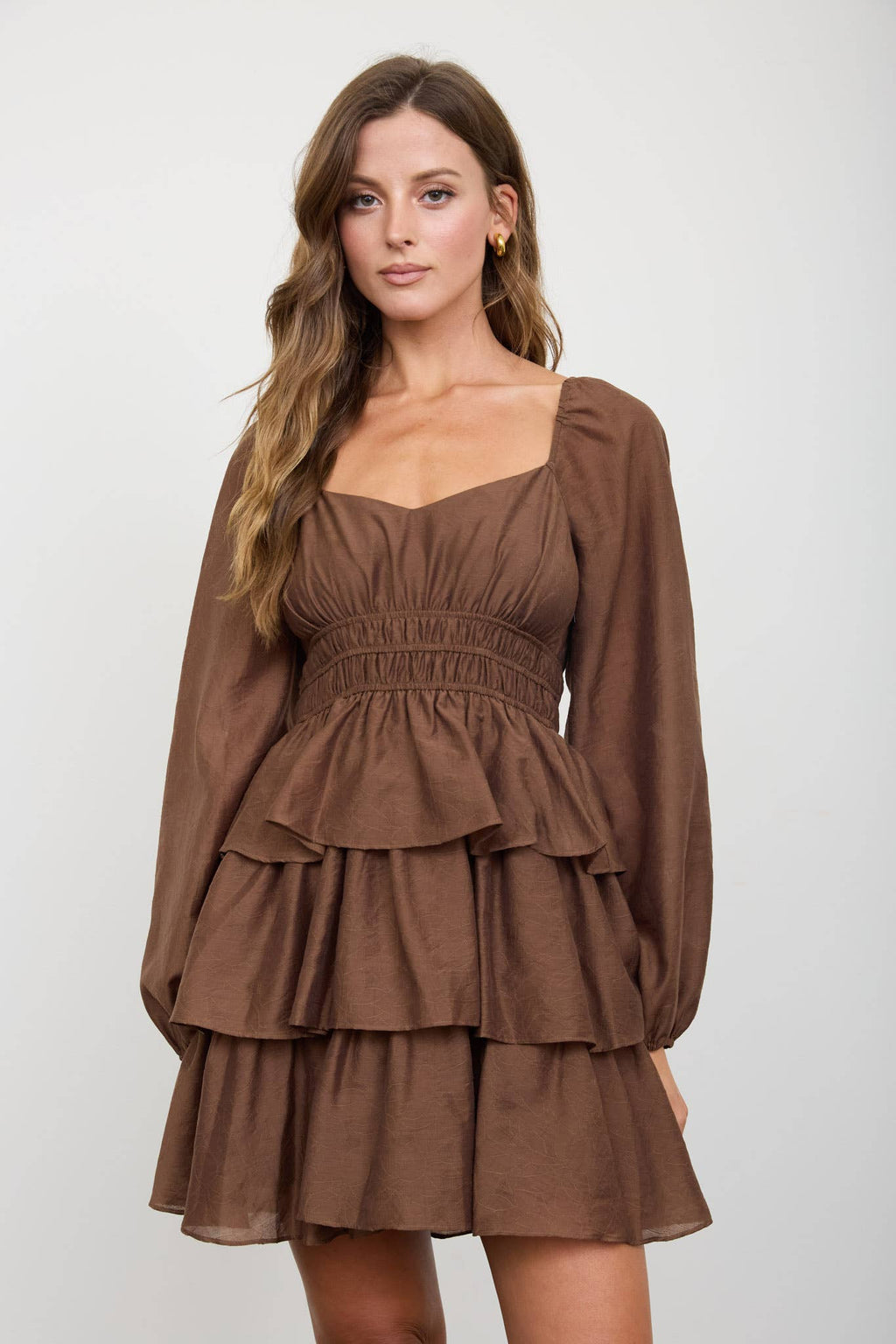 SMOCKED BISHOP SLEEVE TIERED MINI DRESS
