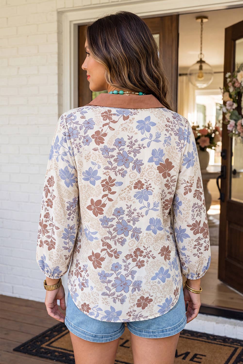 Floral Patchwork Bubble Sleeve Casual Blouse (S-4X)