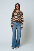 TEXTURED STRIPE CROCHET KNIT BUTTON DOWN CARDIGAN