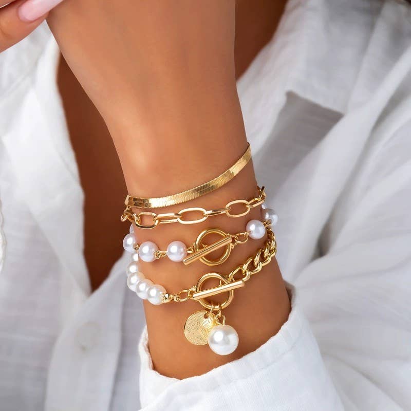 MULTILAYER PEARL CHAIN HERRINGBONE MIX BRACELET | 40B5151